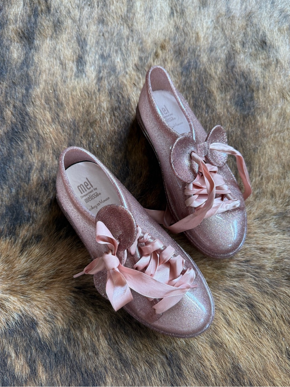 Mel by Melissa Pink Glitter Ribbon Sneakers with Mouse Ear Accent